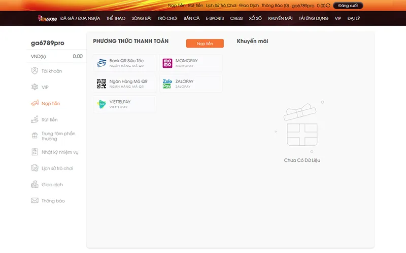 Giao diện nạp tiền Ga6789 với nhiều phương thức thanh toán tiện lợi