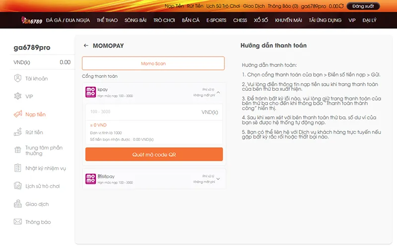 Thực hiện nạp tiền Ga6789 qua Momo nhanh chóng