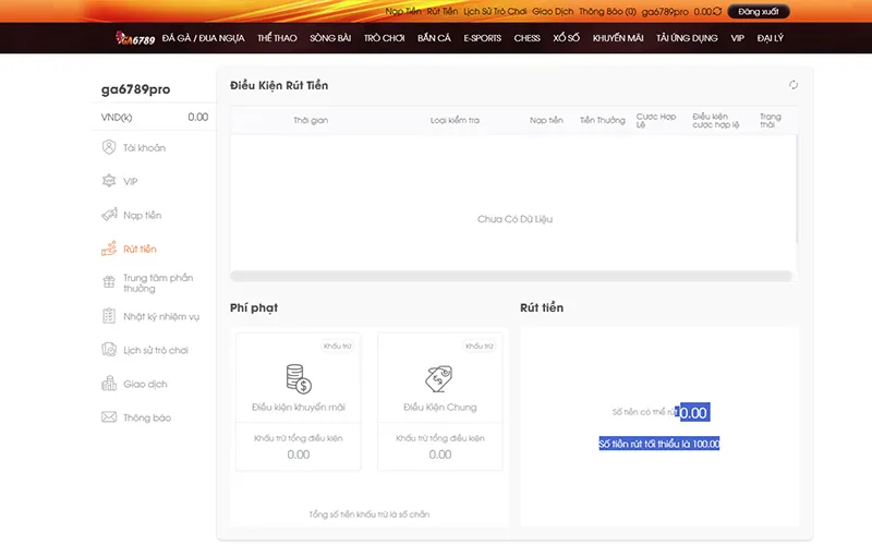 Giao diện thực hiện rút tiền Ga6789 trực tuyến